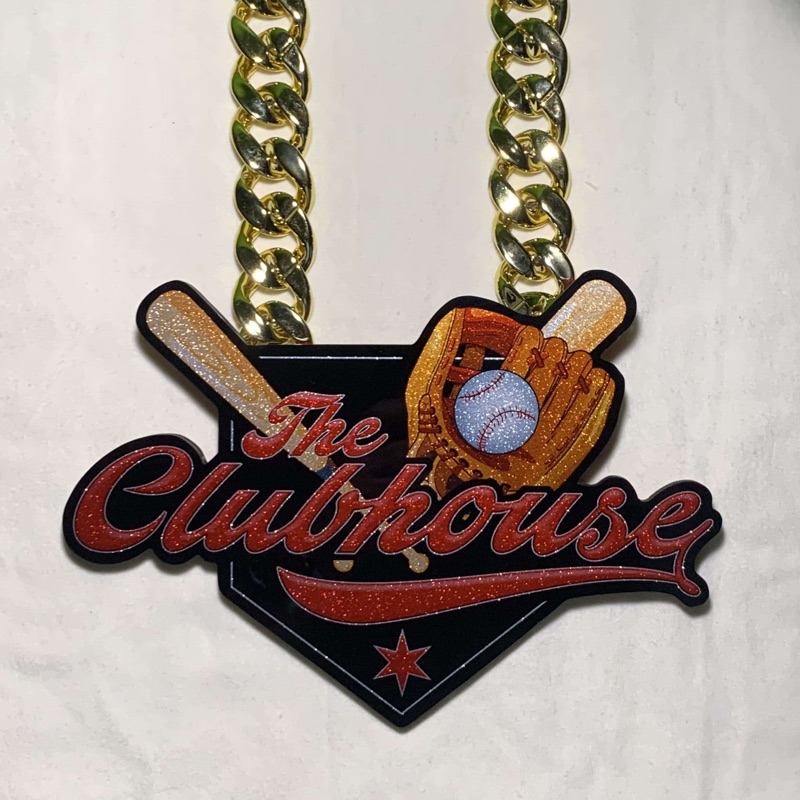 The Clubhouse script baseball pendant on a gold chain