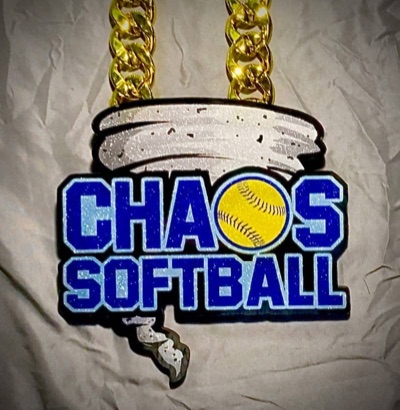 Chaos Softball tornado pendant on a gold chain
