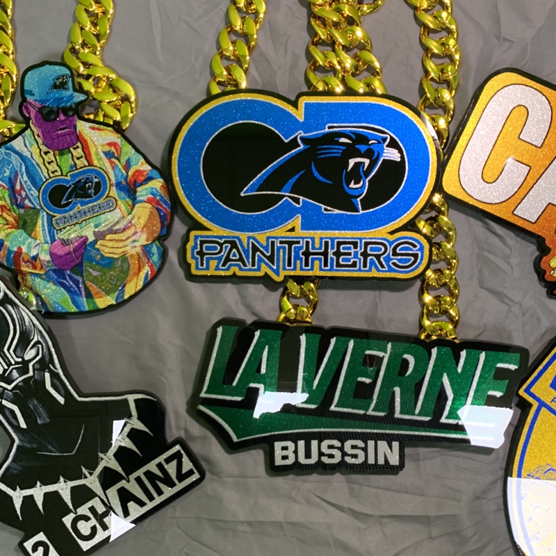 Collage of custom team pendants in different styles and colors